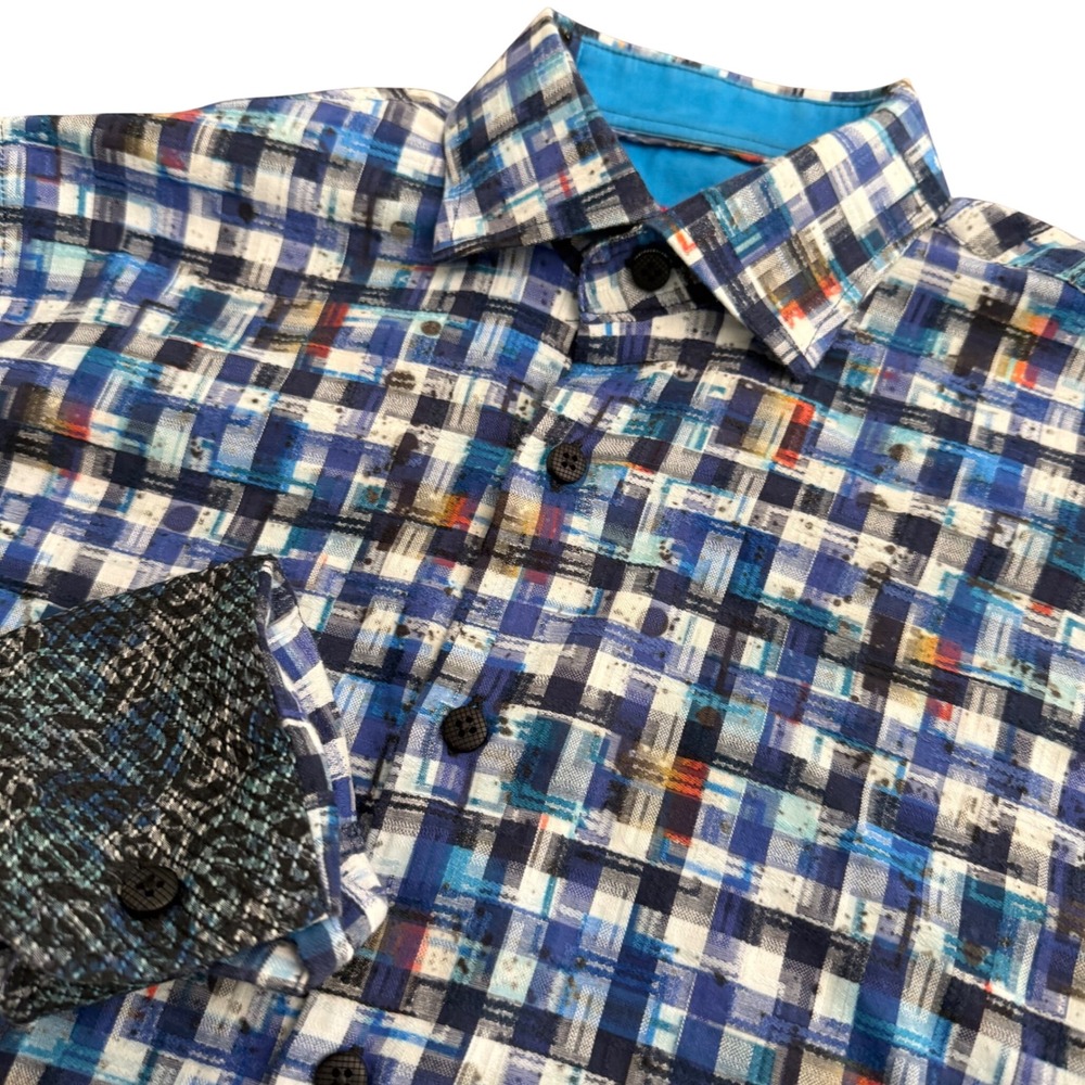 Luchiano Visconti Black Mens Small Blue Plaid Abstract Stretch Button Down Shirt